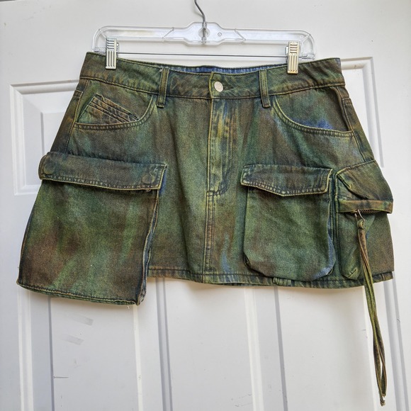Akira Skirt Womens Large Cargo Utility Pocket Mini Denim Y2K Multicolor - Picture 1 of 10